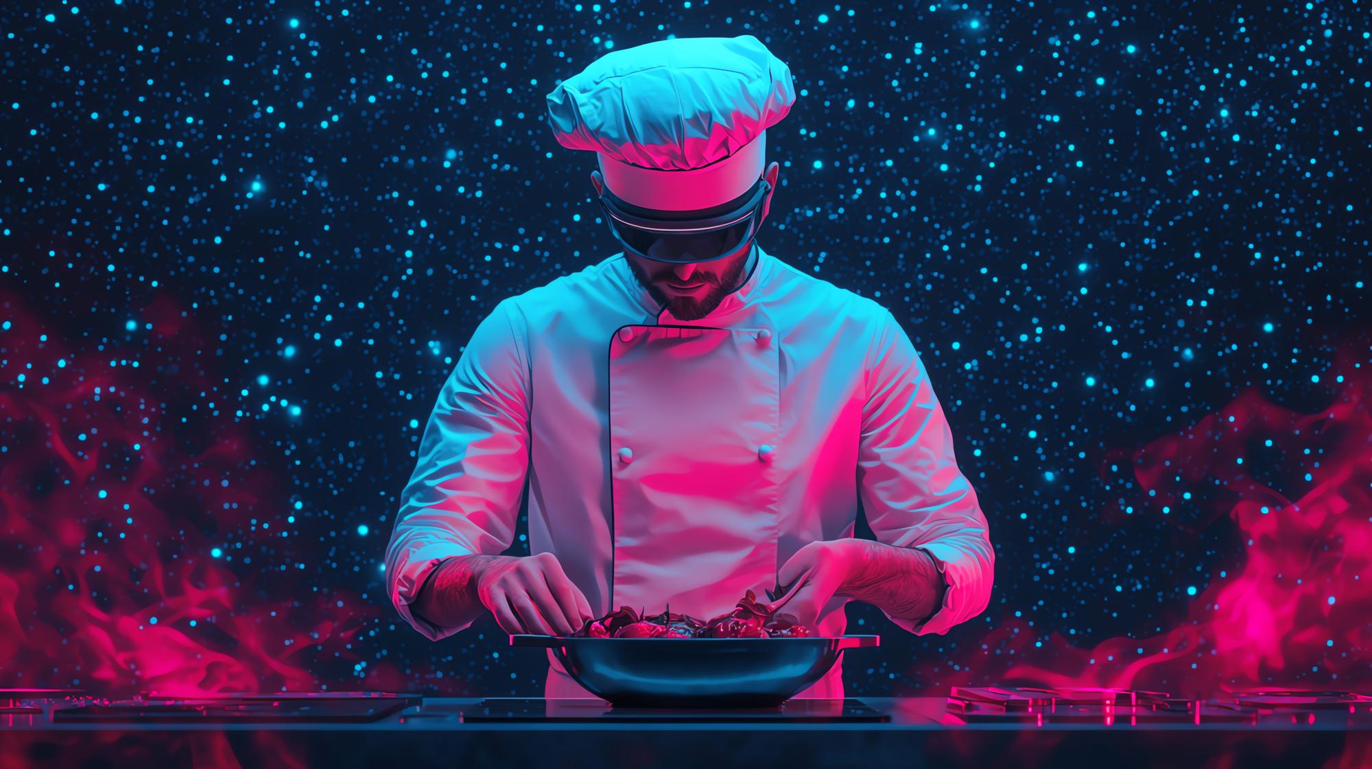 Instructor plating a modern dish in a high-tech kitchen